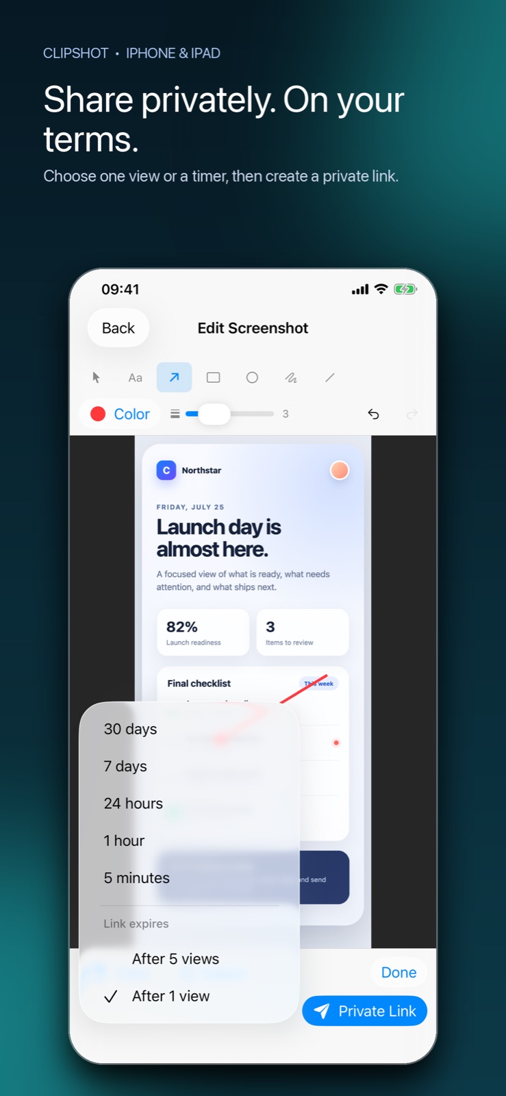 ClipShot private link expiry controls on iPhone