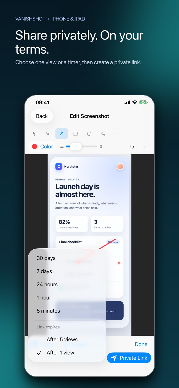 VanishShot private link expiry controls on iPhone